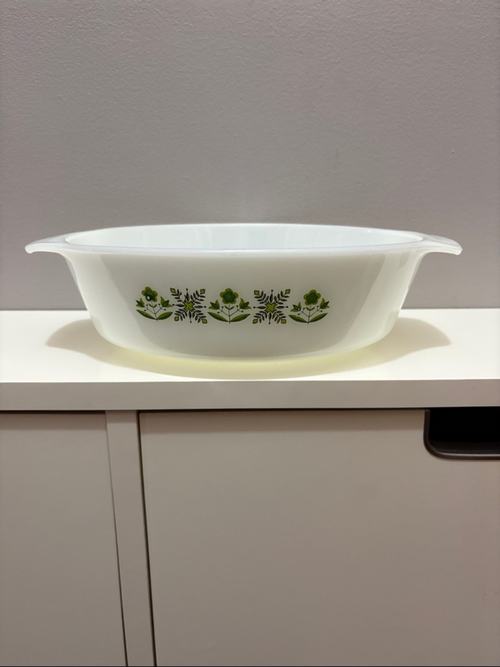 Anchor Hocking Fire King VINTAGE Milk Glass Casserole Dish Meadow Green 433